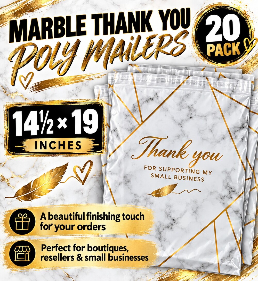 ★ 20 Marble Gold Thank You Poly Mailers 14.5 x 19 Shipping Bags